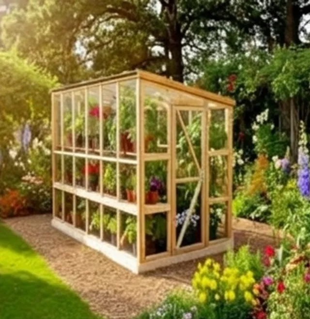Wooden garden greenhouse full of plants