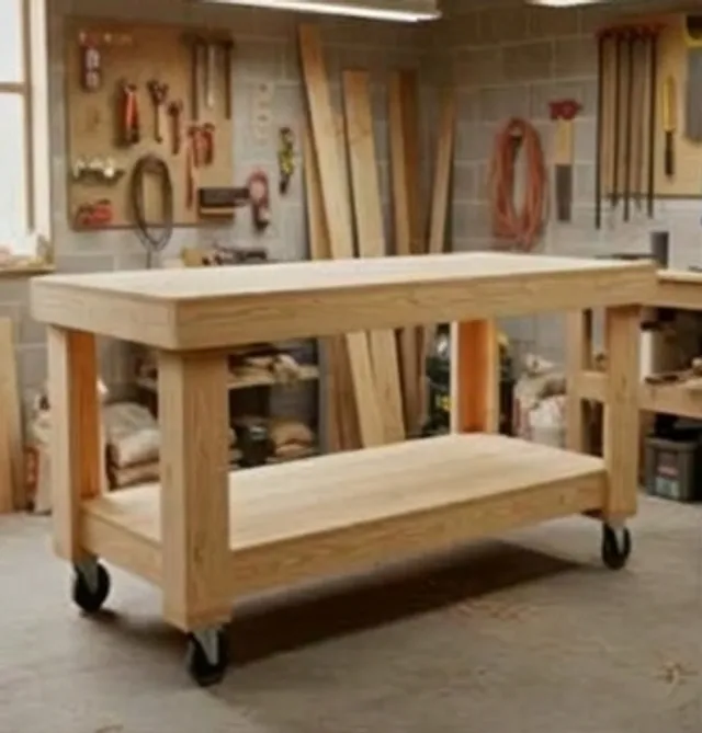 Rolling wooden workbench in a workshop